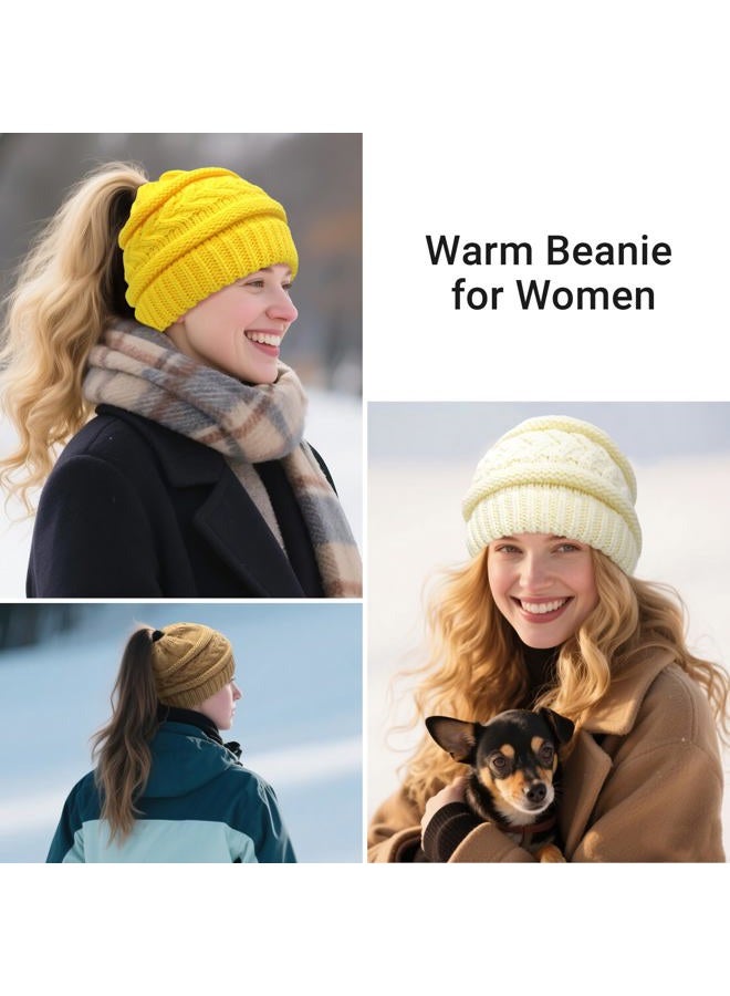 PFFY Ponytail Warm Winter Knit Beanie Hat Skull Cap Beanies for Men Women Khaki - Image 3