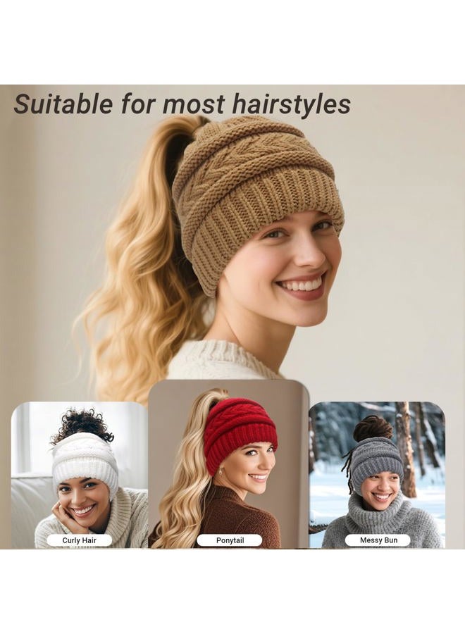 PFFY Ponytail Warm Winter Knit Beanie Hat Skull Cap Beanies for Men Women Khaki - Image 2
