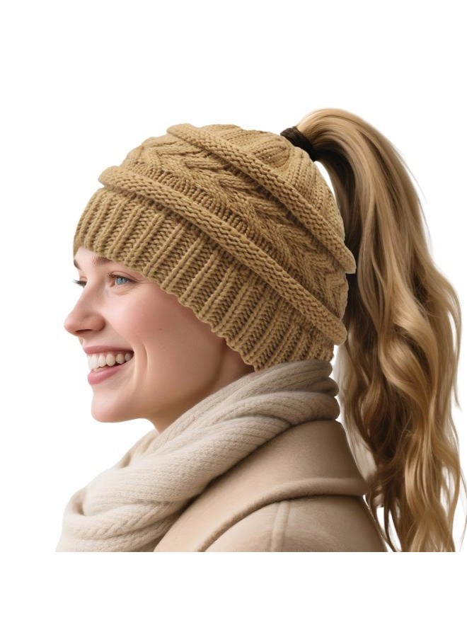 PFFY Ponytail Warm Winter Knit Beanie Hat Skull Cap Beanies for Men Women Khaki - Image 1