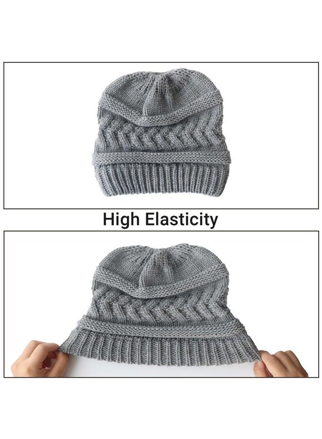 PFFY Ponytail Warm Winter Knit Beanie Hat Skull Cap Beanies for Men Women Khaki - Image 4