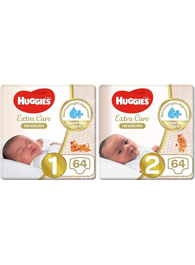 HUGGIES Newborn Size 2 4 6 Kg Jumbo Pack 64 Diapers & Newborn Size 1 0 5 Kg Jumbo Pack 64 Diapers - Image 1