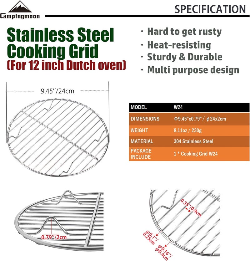 camping moon CAMPINGMOON φ9.45inch/φ24cm Round Stainless Steel Roasting Baking Steaming Cooling Rack Cooking Grid Grill Fits for 12-inch Dutch Oven W24 - Image 2