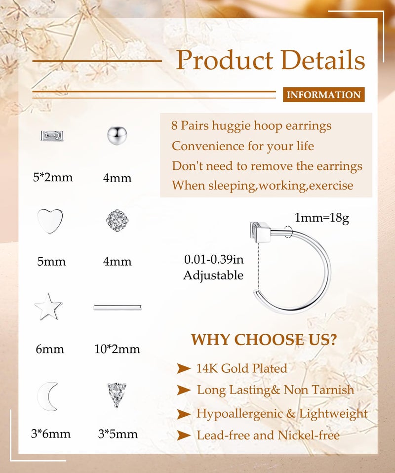 SAMOCO 8pcs Backless Huggie Half Hoop Earrings for Women Helix Open Hugging Earring Set with Heart Star Bar Dot Ball Half Hoops Tiny Cartilage Piercing Earrings - Image 3