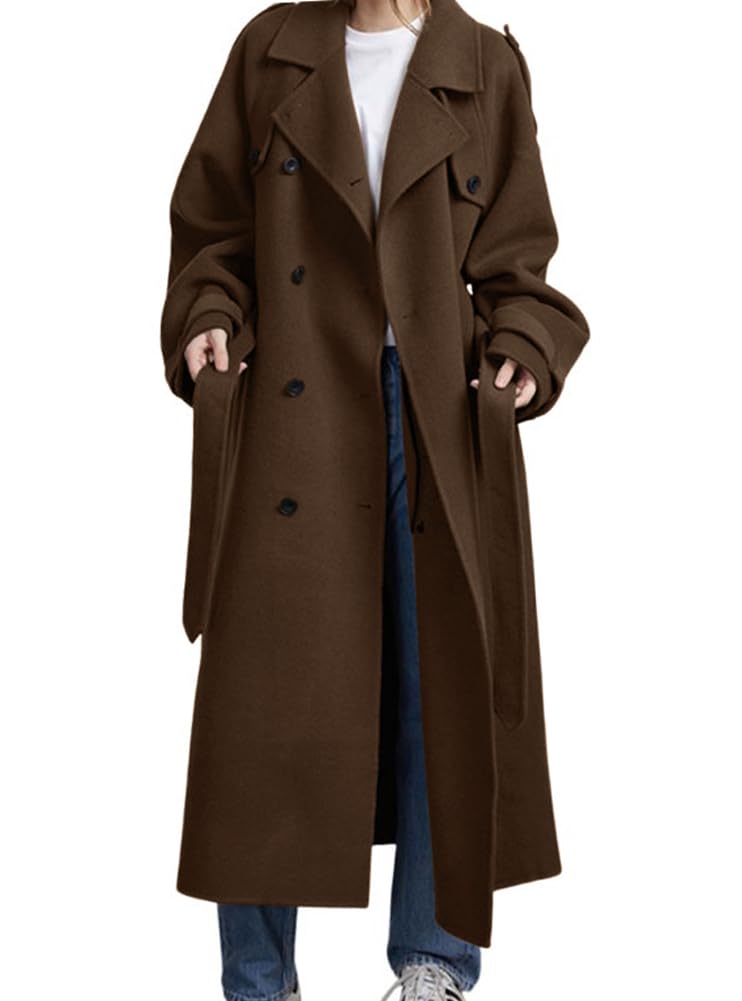 chouyatou Women's Winter Double Breasted Wool Coat Long Sleeve Notch Lapel Midi Long Winter Trench Coat with Belt (Medium, Brown) - Image 1