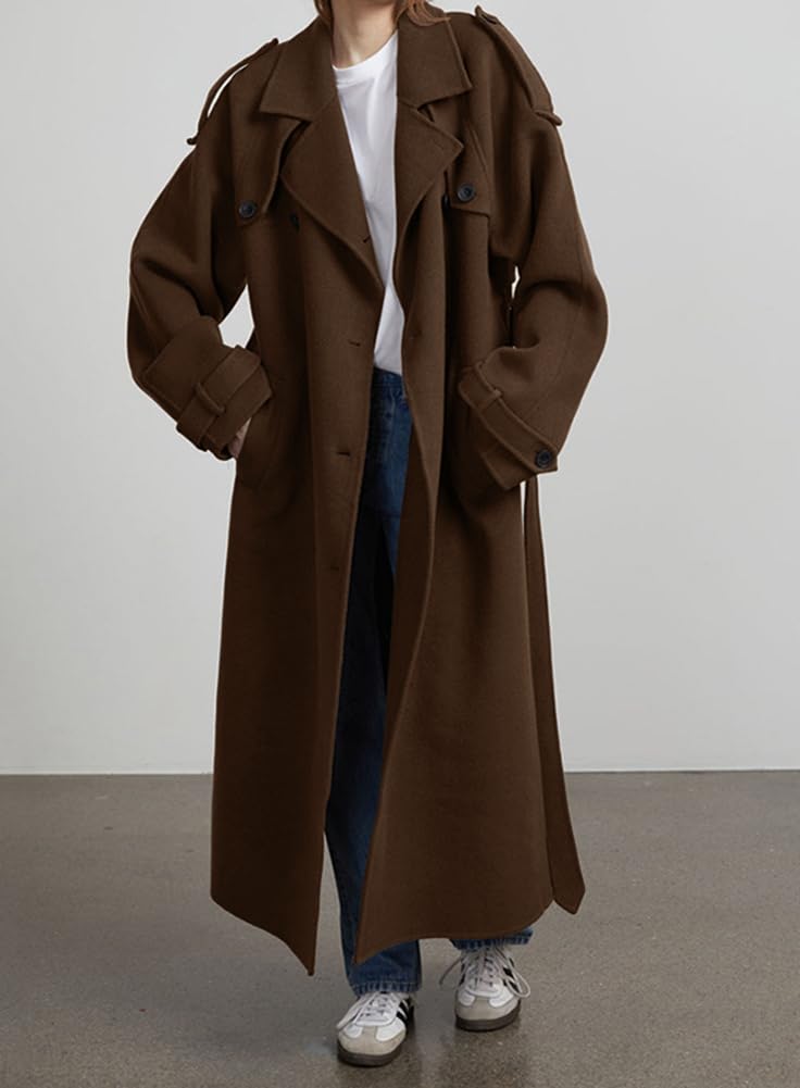 chouyatou Women's Winter Double Breasted Wool Coat Long Sleeve Notch Lapel Midi Long Winter Trench Coat with Belt (Medium, Brown) - Image 2