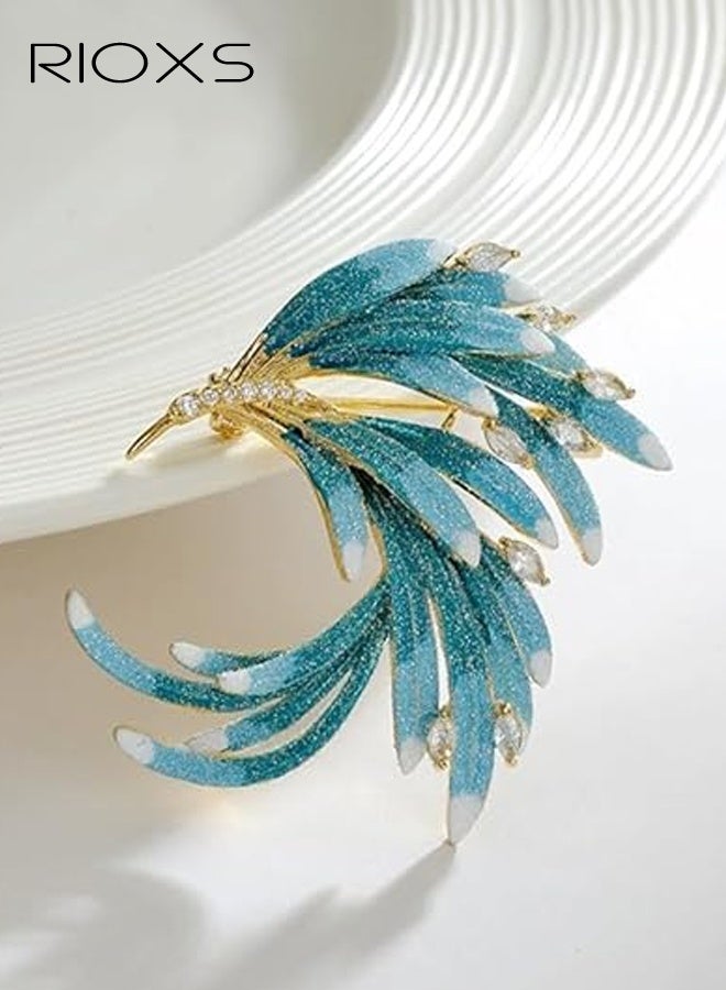 RIOXS Women's Phoenix Tail Feather Brooch, Sparkling Enamel Rhinestone Brooch Lapel Pin for Ladies, Dainty Elegant Bird Feather Enamel Brooch Pins, Graduation Jewelry Gift for Daughter Teacher Students, for Dress Suit Hat Bag Accessories, Blue - Image 1