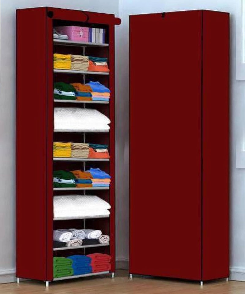 Jaffix Multipurpose Baby Wardrobe/Cabinet/Multipurpose Storage Rack, Foldable, Collapsible Fabric Wardrobe Organizer for Clothes (Plastic and Non Woven Fabric) (9 - Layer, Maroon) - Image 1