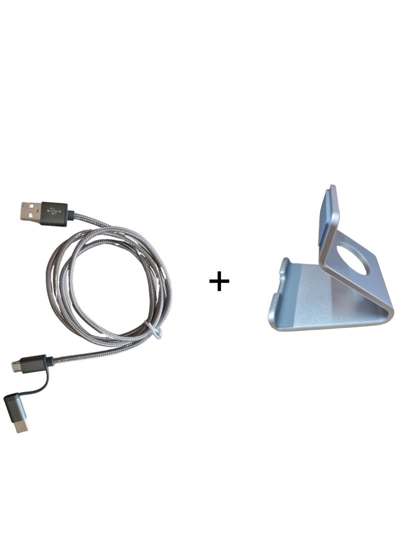 2-In-1 Data Sync Charging Cable Gray With Mobile Phone Holder Desk Stand Silver  - Image 1