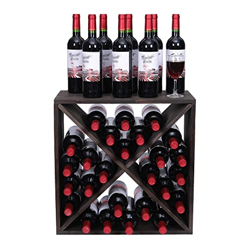 fdjamy Wine Rack countertop Wooden Stackable Storage Rustic Retro Style Cube 24-Bottle Wooden Wine Rack Wine Cabinet (Dark Brown) - Image 1