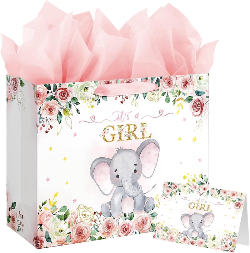 13" Large Baby Shower Birthday Gift Bag for Girl with Tissue Papers and Card - Pink Floral Elephant Design - Image 1