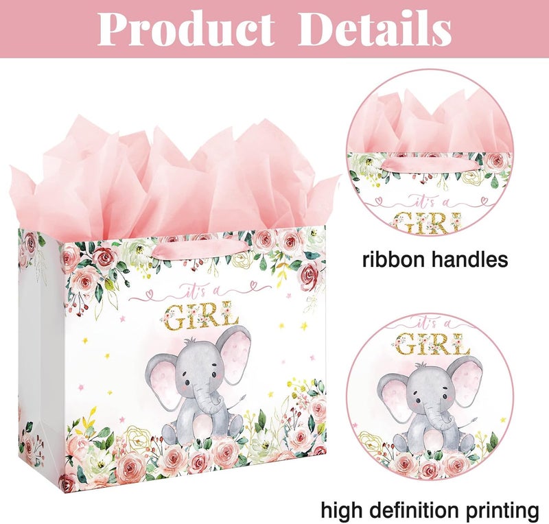 13" Large Baby Shower Birthday Gift Bag for Girl with Tissue Papers and Card - Pink Floral Elephant Design - Image 4