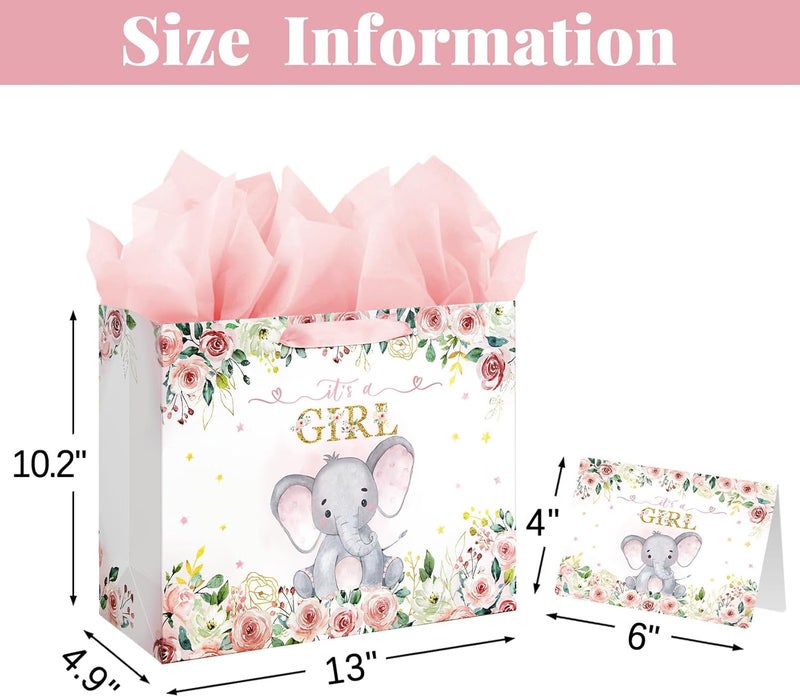 13" Large Baby Shower Birthday Gift Bag for Girl with Tissue Papers and Card - Pink Floral Elephant Design - Image 2