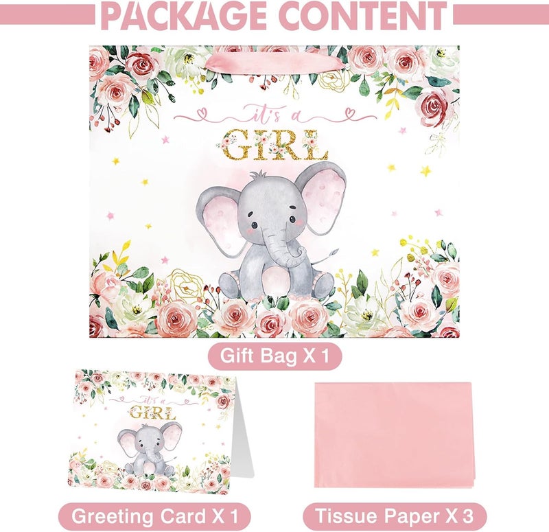 13" Large Baby Shower Birthday Gift Bag for Girl with Tissue Papers and Card - Pink Floral Elephant Design - Image 3