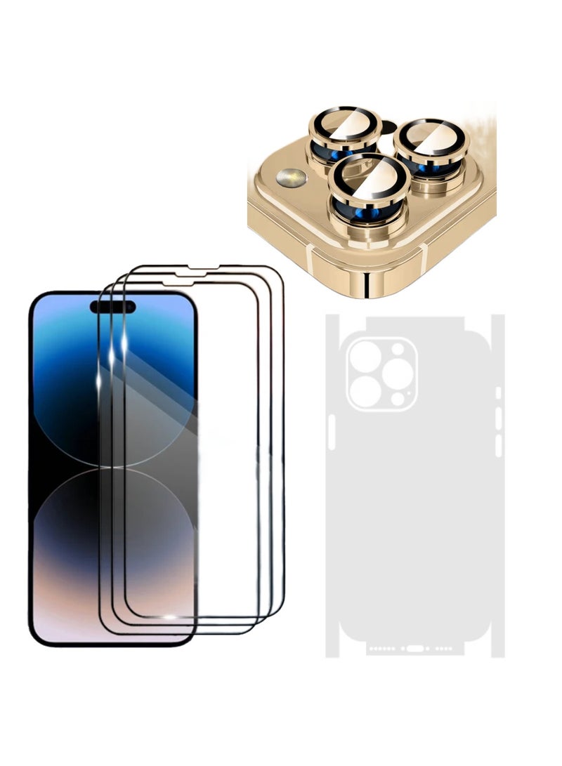 Digi Core مجموعة تغطية كاملة لهاتف iPhone 14 Pro واقي شاشة 3 عبوات 6.1 بوصة 2.5D حواف منحنية مع عدسة كاميرا iPhone 14 Pro وورقة شفافة PVC مضادة للخدش (iPhone 14 Pro، ذهبي) - Image 1