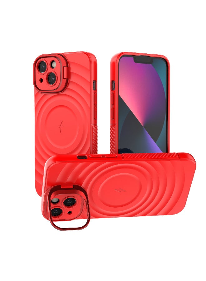 Cover For iPhone 13 Magnetic Phone Corrugated Anti Drop Full Lens Coverage Phone Case with Holder Stand - Red - Image 1
