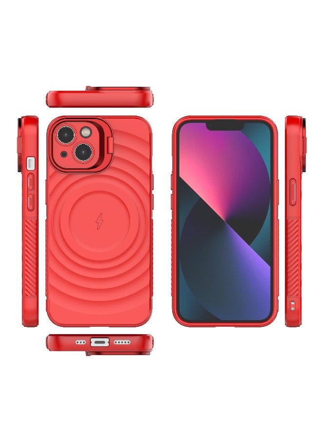 Cover For iPhone 13 Magnetic Phone Corrugated Anti Drop Full Lens Coverage Phone Case with Holder Stand - Red - Image 2