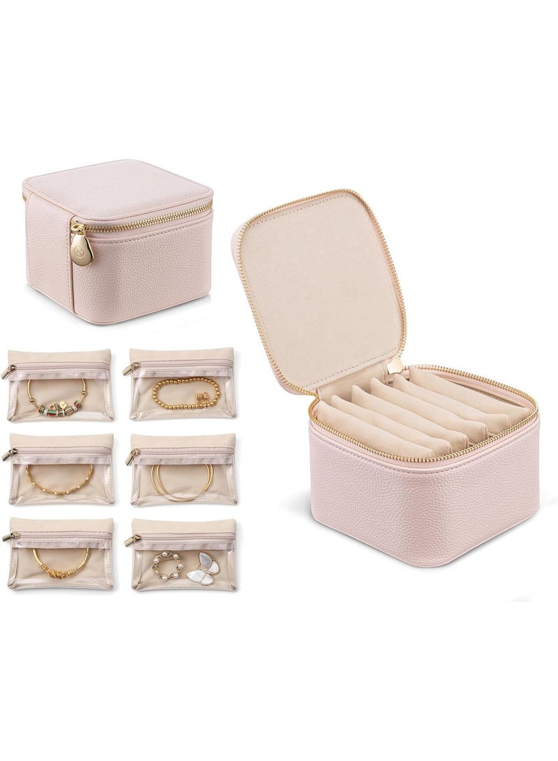 Arabest Travel Jewelry Box Organizer – Portable PU Leather Jewelry Case with 6/8/12 Zippered Pouches, Compact Storage for Earrings Rings Necklaces Bracelets, Rosy Mauve - Image 1