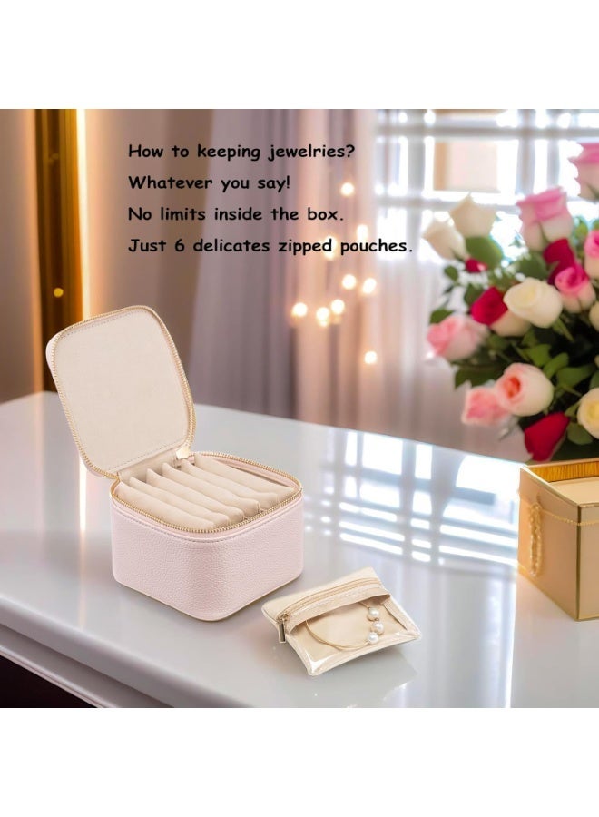 Arabest Travel Jewelry Box Organizer – Portable PU Leather Jewelry Case with 6/8/12 Zippered Pouches, Compact Storage for Earrings Rings Necklaces Bracelets, Rosy Mauve - Image 3