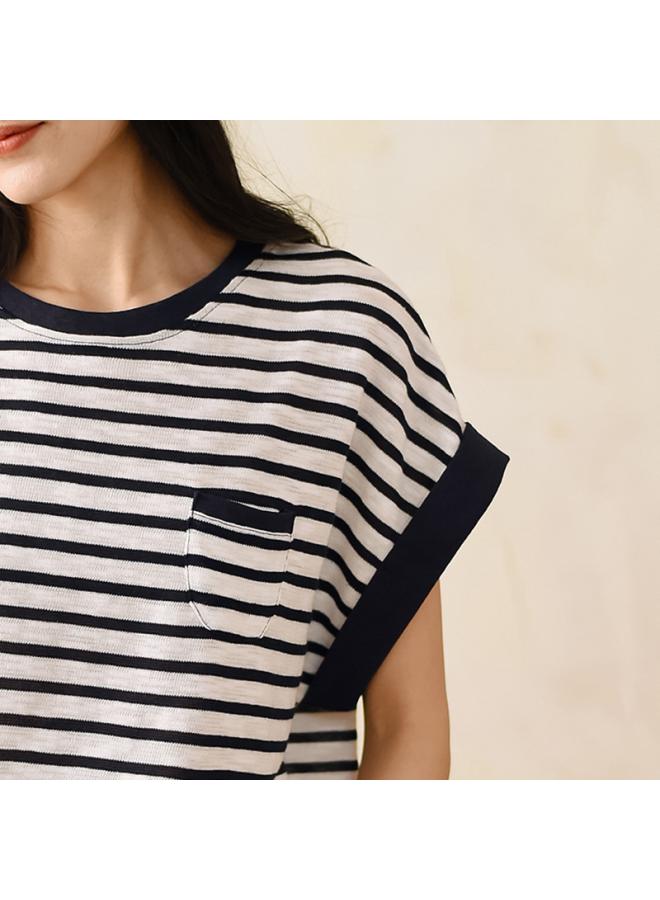 Women's Summer New Striped Short Sleeve T-shirt Women's Light Round Neck Loose Feeling Ladies Knitted Top 