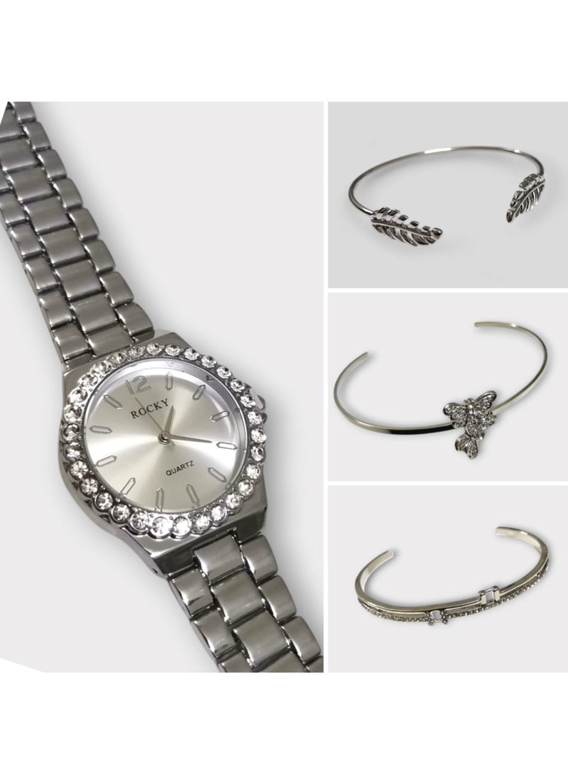 روكي طقم نسائي ماركة روكي يتكون من ساعة ومجموعة من الاساور من الستانلس ستيل - Image 3