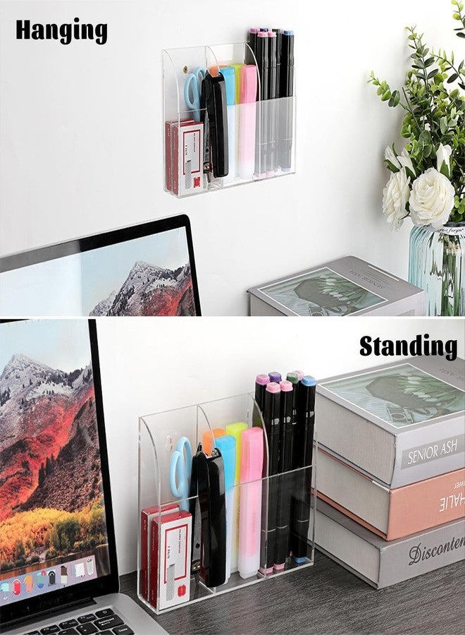 BTSKY Acrylic Dry Erase Marker Holder, 8x1.6x5.6 Inch Wall Remote Holder, Pen Holder for Wall, Clear Wall Mount Storage Box with 3 Compartments for Whiteboard, Fridge, Locker Makeup Brush - Image 2
