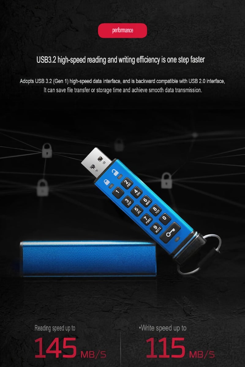 Keypad USB, Hardware Encryption USB Flash Drive, Metal Shell Durable Data Storage Drive, Portable USB Pen Drive For Laptops And Computers, (1pc, Blue, 32GB) - Image 3