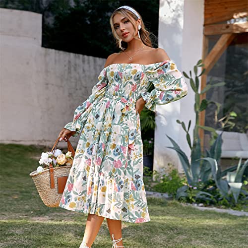 Amegoya Women's Boho Flowy Long Sleeve Floral Midi Dress Square Neck Smocked Tiered Dress(A-Floral S) - Image 3