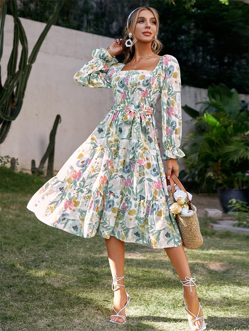 Amegoya Women's Boho Flowy Long Sleeve Floral Midi Dress Square Neck Smocked Tiered Dress(A-Floral S) - Image 2