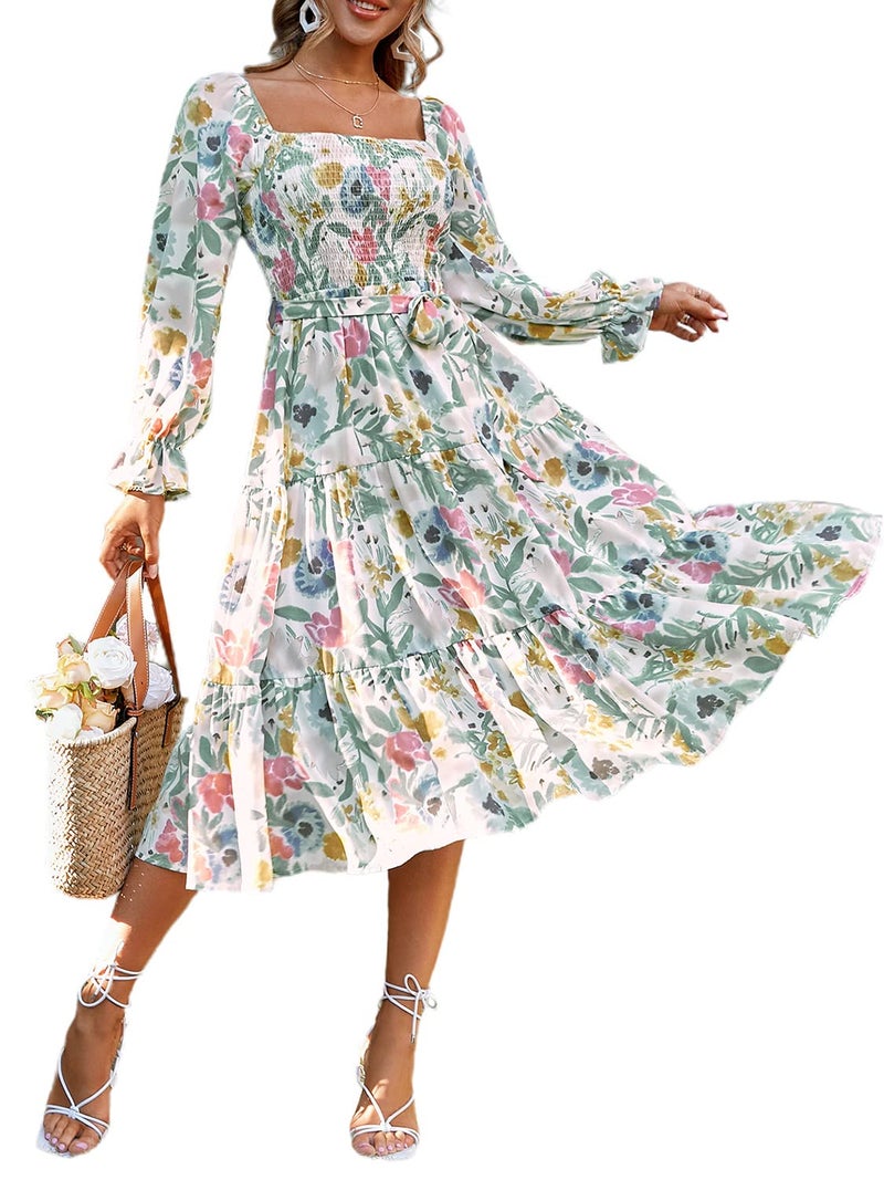 Amegoya Women's Boho Flowy Long Sleeve Floral Midi Dress Square Neck Smocked Tiered Dress(A-Floral S) - Image 5
