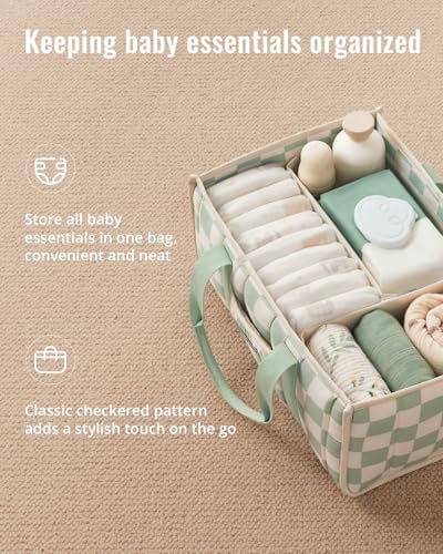 Blissful Diary Checkered Diaper Caddy Organizer Stylish Nursery Storage Basket Gift for Baby Shower Newborn Essentials Registry Search Must Haves Sage Green - Image 3