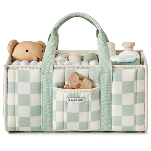 Blissful Diary Checkered Diaper Caddy Organizer Stylish Nursery Storage Basket Gift for Baby Shower Newborn Essentials Registry Search Must Haves Sage Green - Image 1