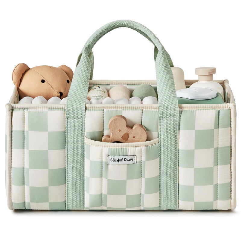 Blissful Diary Checkered Diaper Caddy Organizer Stylish Nursery Storage Basket Gift for Baby Shower Newborn Essentials Registry Search Must Haves Sage Green - Image 2