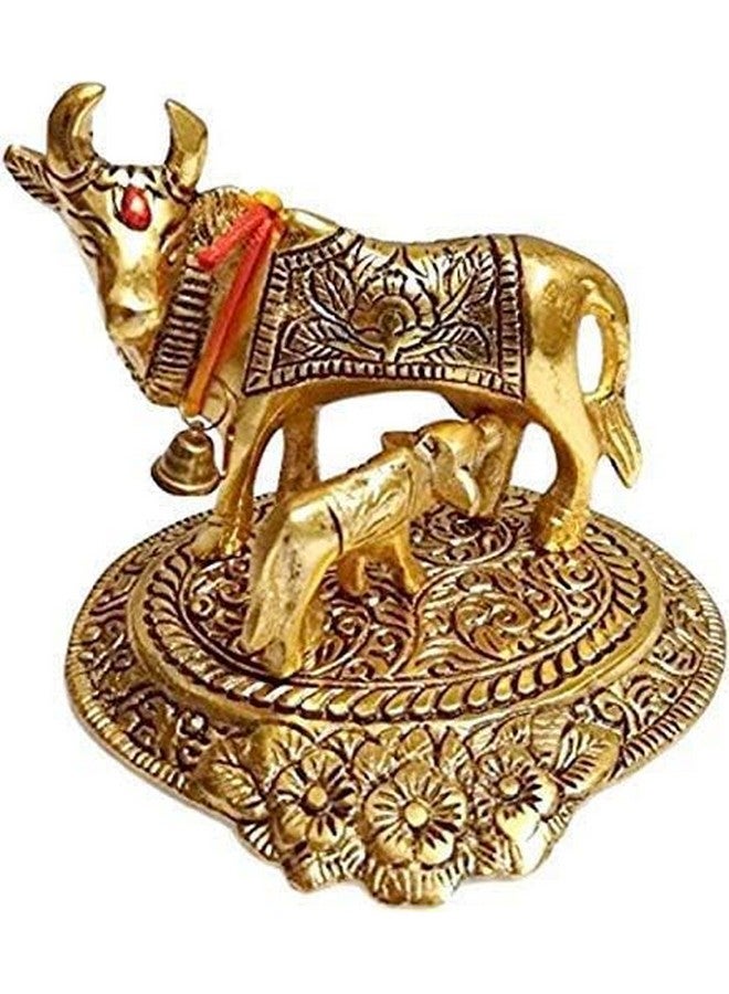 CRAFTBERRY Brass Golden Kamdhenu Cow with Calf | Spiritual Vastu Nandi Pooja Figurine Sculpture | Vastu Gau MATA Idol | Kamdhenu Cow & Calf Idol for Home and Office