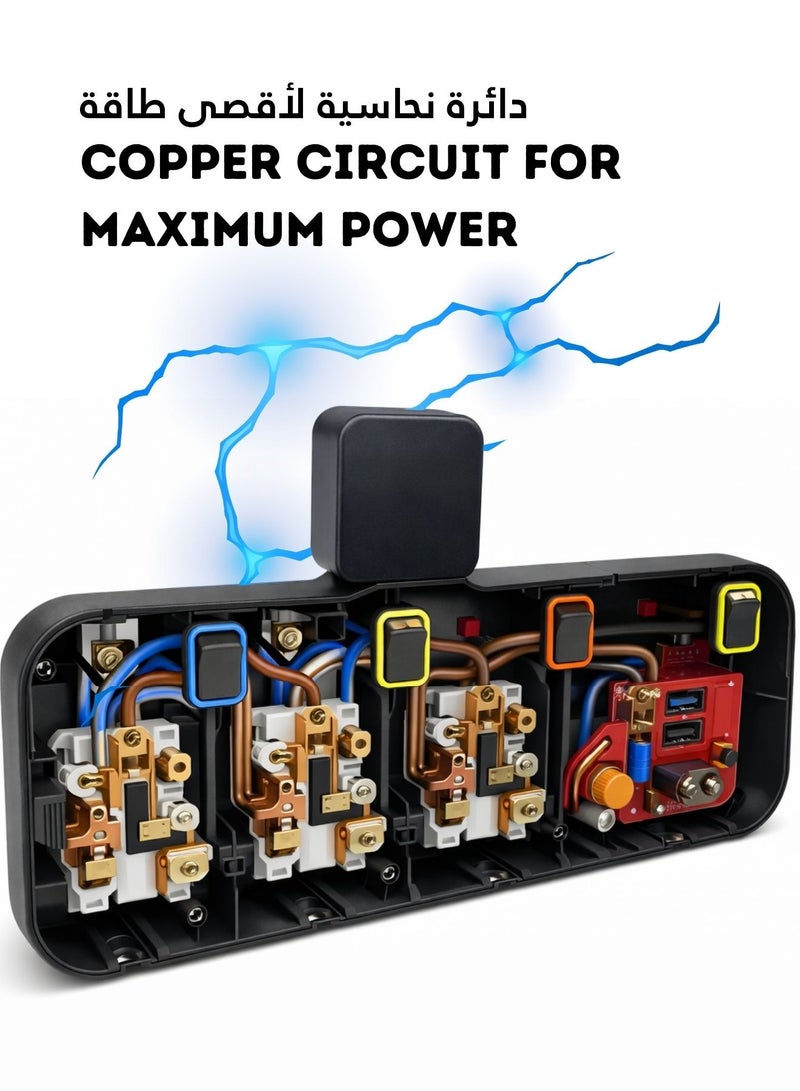 محول مقبس جداري متعدد، 3 مخارج كهرباء مع مفاتيح تشغيل فردية، منفذي USB ومنفذ Type-C لشحن سريع، مع حماية من الحمل الزائد - Image 4
