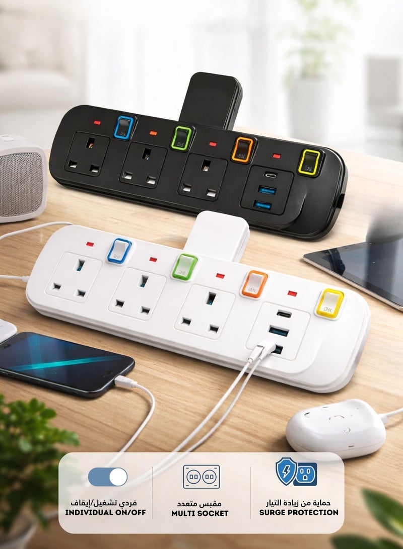محول مقبس جداري متعدد، 3 مخارج كهرباء مع مفاتيح تشغيل فردية، منفذي USB ومنفذ Type-C لشحن سريع، مع حماية من الحمل الزائد - Image 3