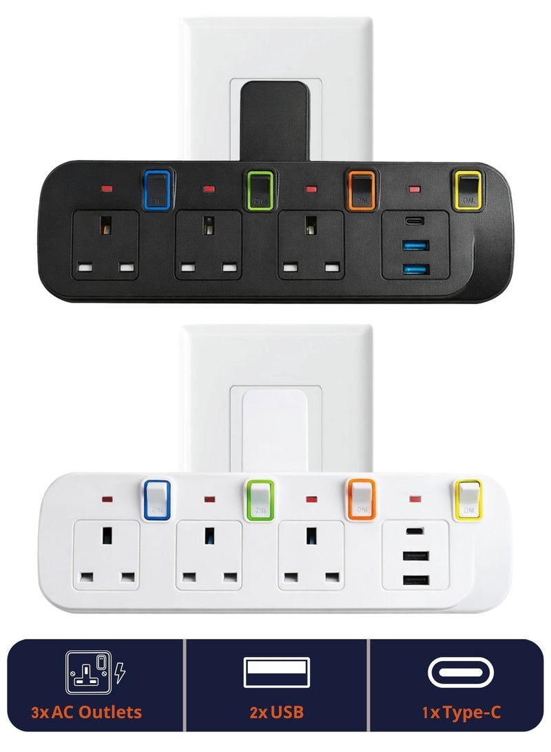محول مقبس جداري متعدد، 3 مخارج كهرباء مع مفاتيح تشغيل فردية، منفذي USB ومنفذ Type-C لشحن سريع، مع حماية من الحمل الزائد - Image 1