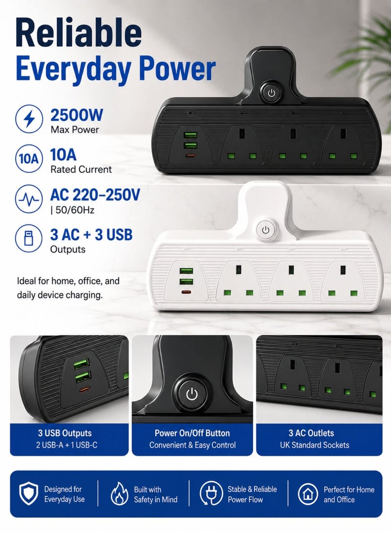 باور محول مقبس جداري متعدد، 3 مخارج كهرباء مع مفاتيح تشغيل فردية، منفذي USB ومنفذ Type-C لشحن سريع، مع حماية من الحمل الزائد - Image 3