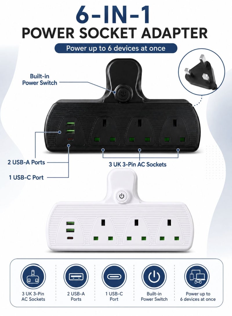 باور محول مقبس جداري متعدد، 3 مخارج كهرباء مع مفاتيح تشغيل فردية، منفذي USB ومنفذ Type-C لشحن سريع، مع حماية من الحمل الزائد - Image 2