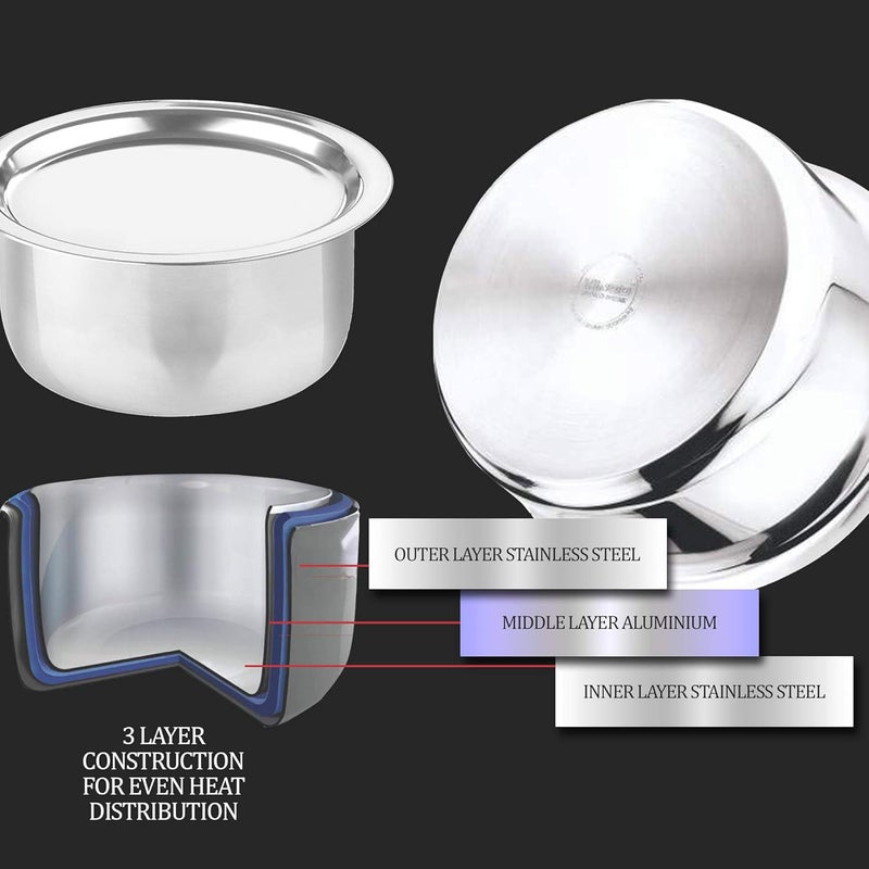 MILTON Pro cook Milton Pro Cook TriPly Stainless Steel 14 cm Tope with SS Lid 11 Litre Durable Dishwasher Safe Induction and Gas Ready Patila for Boiling Steaming and Cooking 3 Years Warranty - Image 3