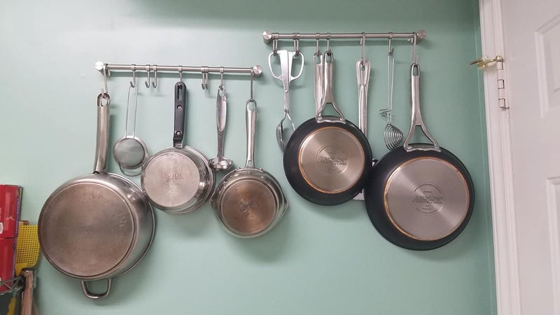 Audmore Kitchen Utensil Rack 2 Pack, 15.6 Inch Pots and Pans Hanging Rack Wall Mounted, 304 Stainless Steel Lid Cooking Utensil Hanger, 7 Sliding Hooks for Spatula Spoon, Measuring Cups, Coffee Mug - Image 4