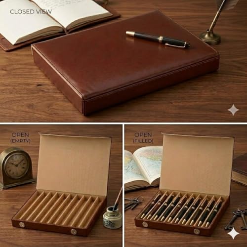 essart Faux Leather Pen Display Organizer Box for 10 pens in Brown Color - Image 2