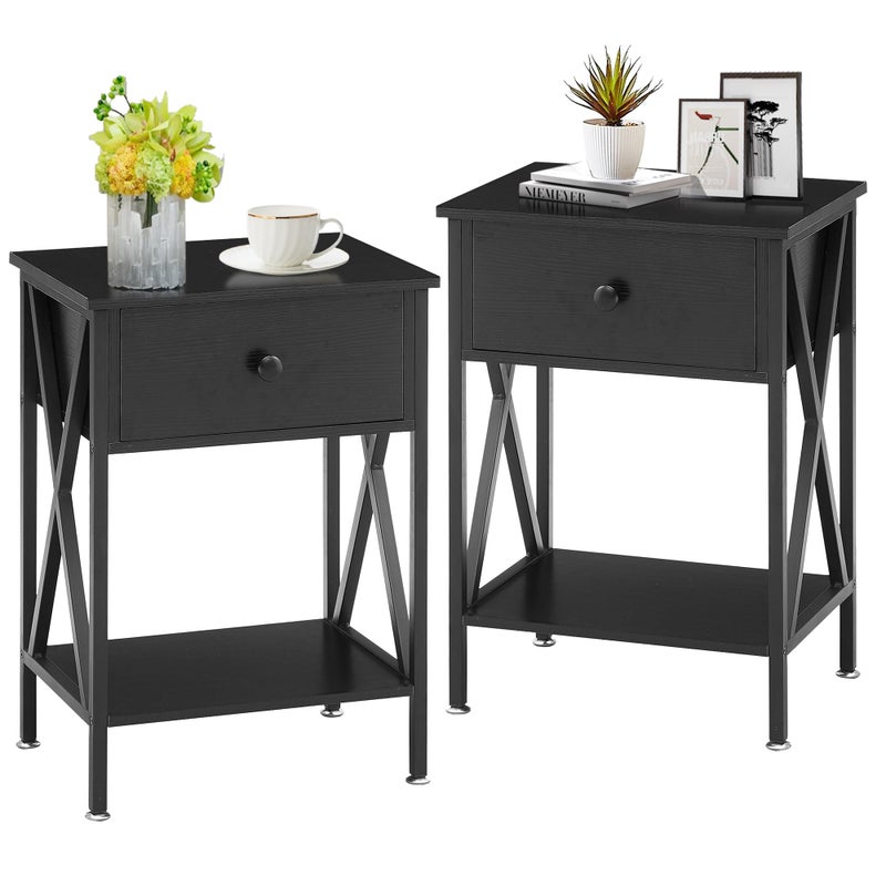 VECELO End Tables Modern Nightstand with Drawer  Shelf Night Stand for Bedroom Living Room Industrial Metal Frame