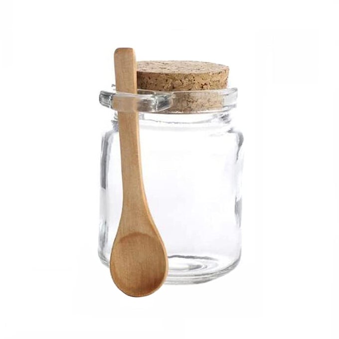 1PCS 250ML85OZ EMPTY CLEAR GLASS JAM JAR WITH CORK AND SPOON MULTIPURPOSE HONEY CANDY COFFEE BATH SALTS STORAGE CANISTER CAN POT TIN BOTTLE CONTAINER CROCK FOR ITEM STORAGE