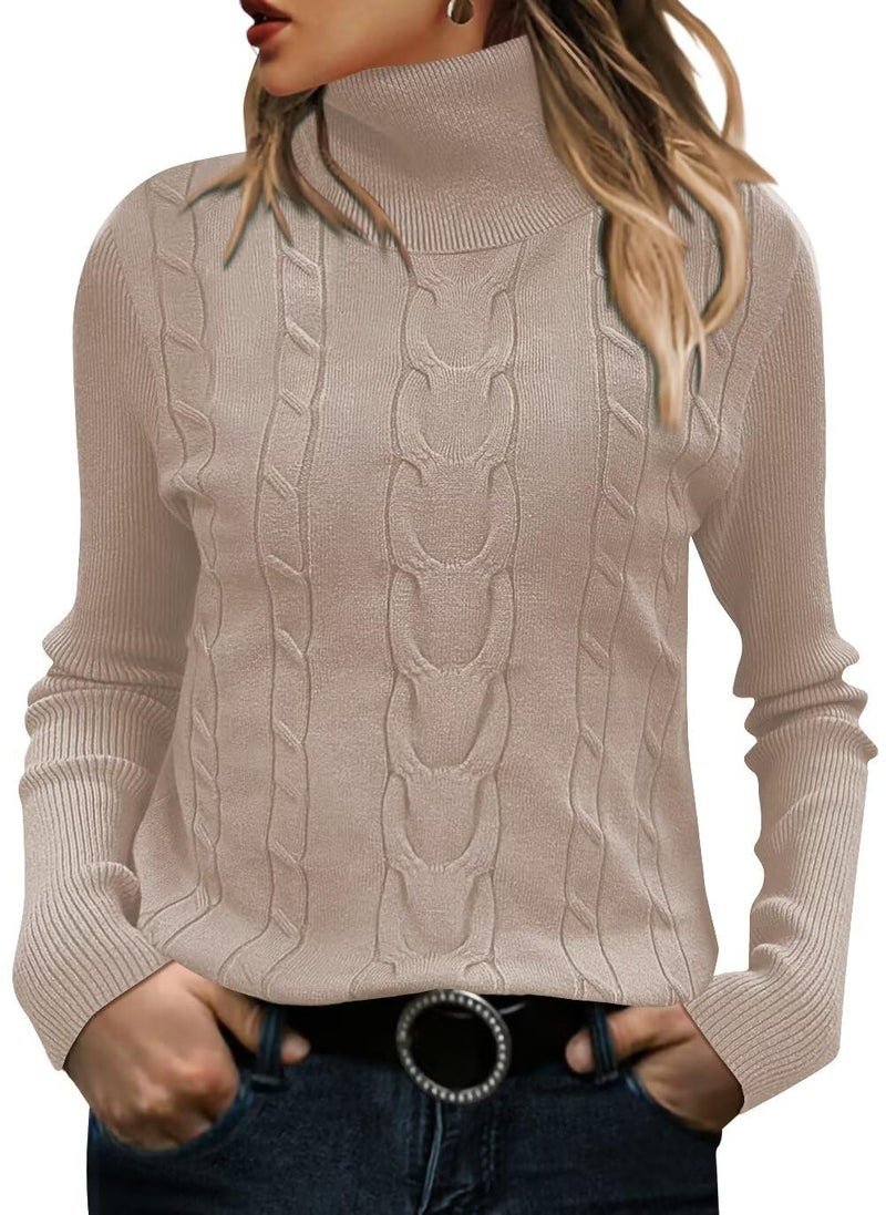 FEKOAFE Women's Long Sleeve Lightweight Cable Knit Women Turtleneck Sweater for Women 2025 Fall Beige-S - Image 1