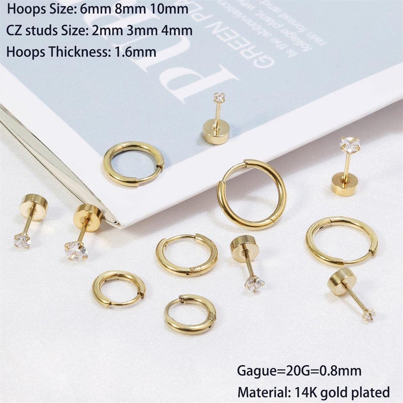 Sweetkiki Dainty 6 Pairs Earrings Sets for Multiple Piercing, Lightweight 14K Gold Plated Small Huggie Hoop Earrings, Lobe, Hypoallergenic (14K Gold Plated- Huggie Hoops and CZ Studs) - Image 3