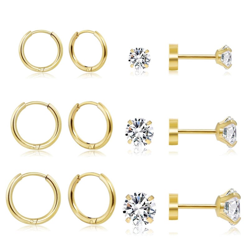Sweetkiki Dainty 6 Pairs Earrings Sets for Multiple Piercing, Lightweight 14K Gold Plated Small Huggie Hoop Earrings, Lobe, Hypoallergenic (14K Gold Plated- Huggie Hoops and CZ Studs) - Image 1
