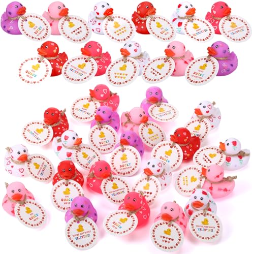Jerify 24 Pcs 2 Inch Valentines Ducks for Kids Classroom Exchange Gifts Valentines Day Rubber Ducks with Gifts Cards Mini Heart Rubber Duckies Valentines Party Favors Toys 6 Styles Colorful - Image 1