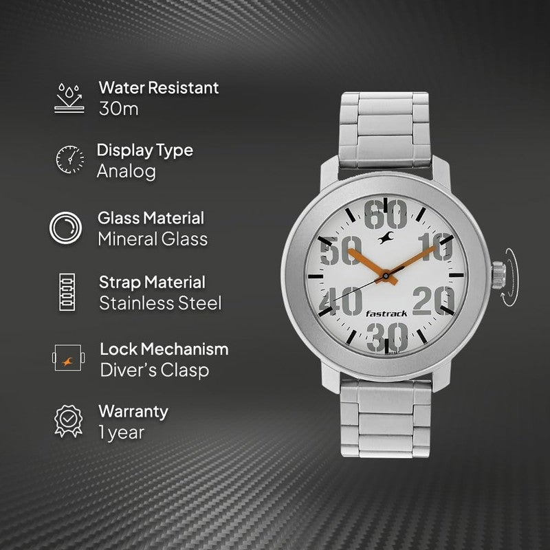 Fastrack Bare Basic Analogue Round White Dial Metal Strap Watch for Men- 3121SM01 - Image 3