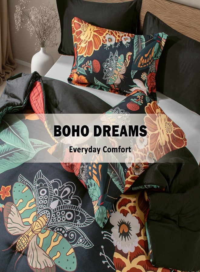 Tyrot Black Boho Floral Queen Comforter Set - 3 Piece Farmhouse Botanical Bedding Comforter Sets for All Season Soft Lightweight Mid Century Modern Bed Set, (1 Reversible Comforter and 2 Pillow Shams - Image 2