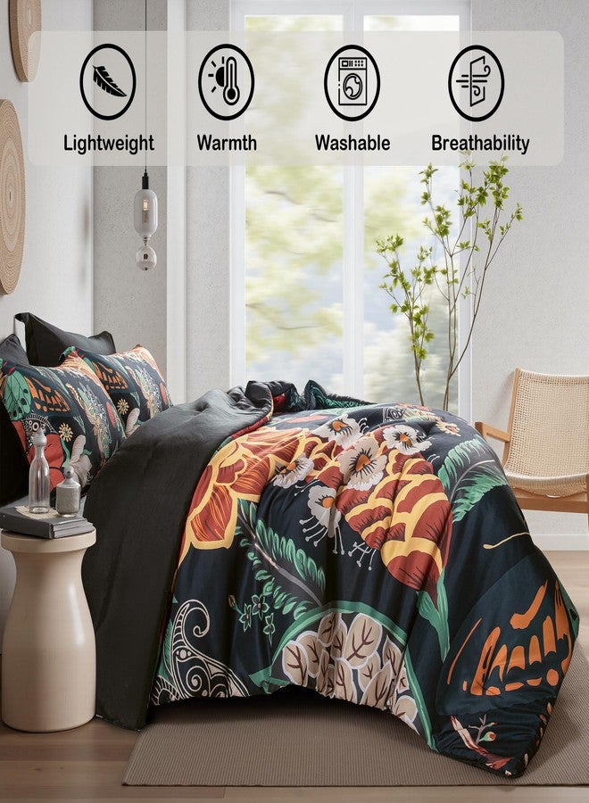 Tyrot Black Boho Floral Queen Comforter Set - 3 Piece Farmhouse Botanical Bedding Comforter Sets for All Season Soft Lightweight Mid Century Modern Bed Set, (1 Reversible Comforter and 2 Pillow Shams - Image 4